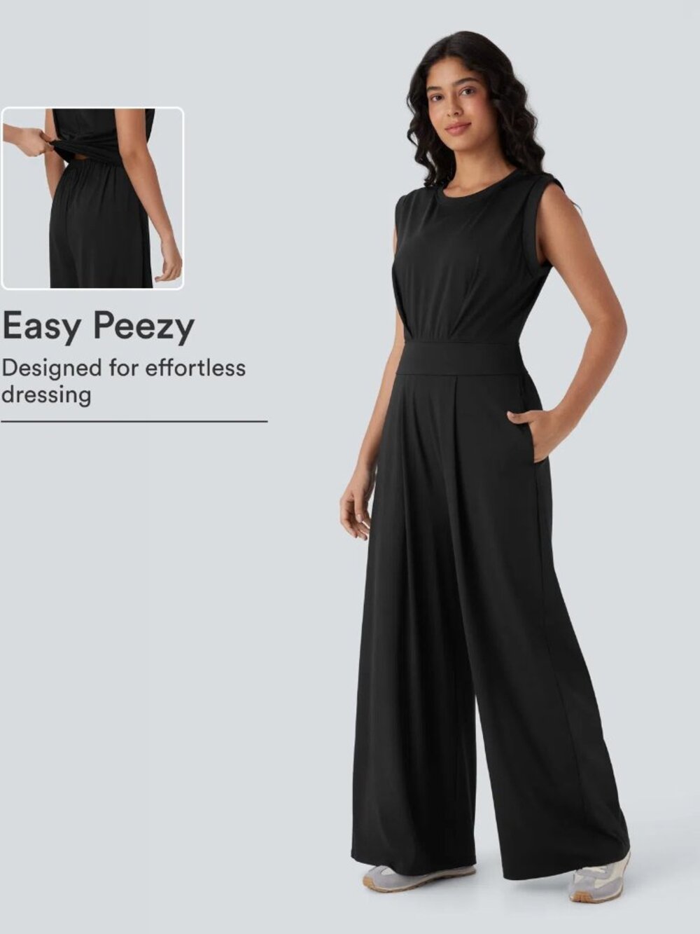 SMALL Blk Halara SoftlyZero Round Neck Sleeveless Keyhole Easy Peezy Jumpsuit